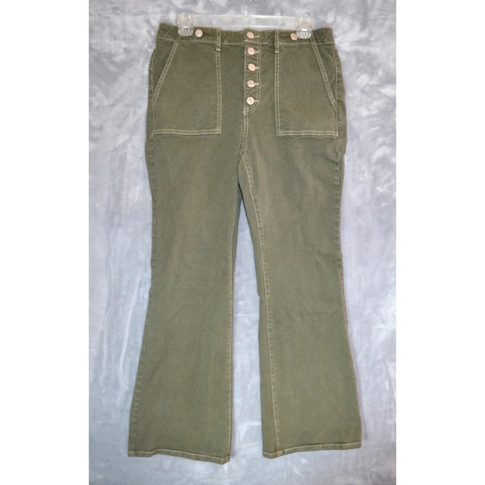 LOFT Made And Loved The Slim Flare Green Denim Jeans Womens P 8/29 Button Front